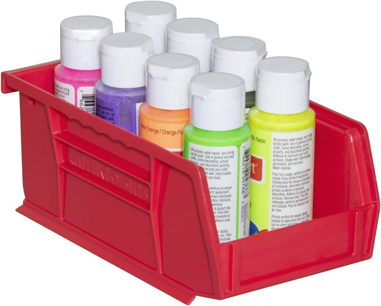 30220 Akrobins Plastic Hanging Stackable Storage Organizer Bin, 7-Inch X 4-Inch X 3-Inch, Red, 24-Pack